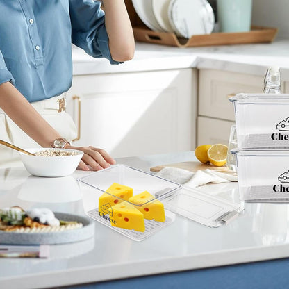 Cheese Container Airtight with Draining Basket Cream Cheese Sliced Cheeses Box with Lid Saver for Fridge Cheeses Keeper Cream Block Shredded Storage Box Saver (Clear)