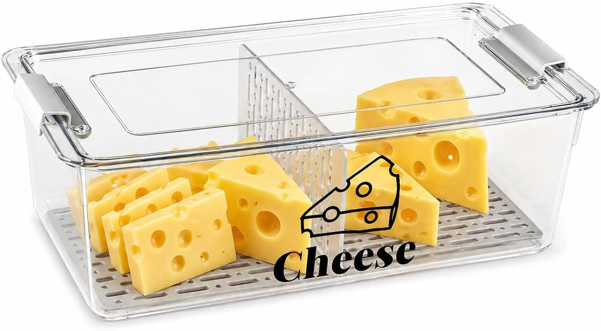 Cheese Container Airtight with Draining Basket Cream Cheese Sliced Cheeses Box with Lid Saver for Fridge Cheeses Keeper Cream Block Shredded Storage Box Saver (Clear)