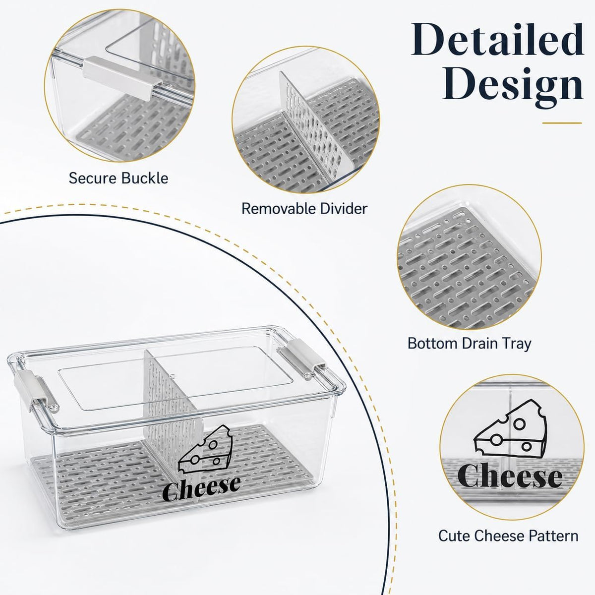 Cheese Container Airtight with Draining Basket Cream Cheese Sliced Cheeses Box with Lid Saver for Fridge Cheeses Keeper Cream Block Shredded Storage Box Saver (Clear)