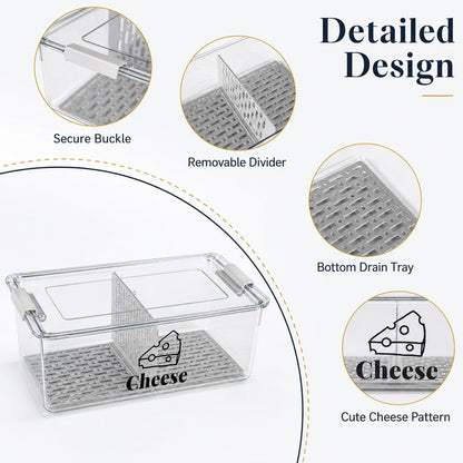 Cheese Container Airtight with Draining Basket Cream Cheese Sliced Cheeses Box with Lid Saver for Fridge Cheeses Keeper Cream Block Shredded Storage Box Saver (Clear)