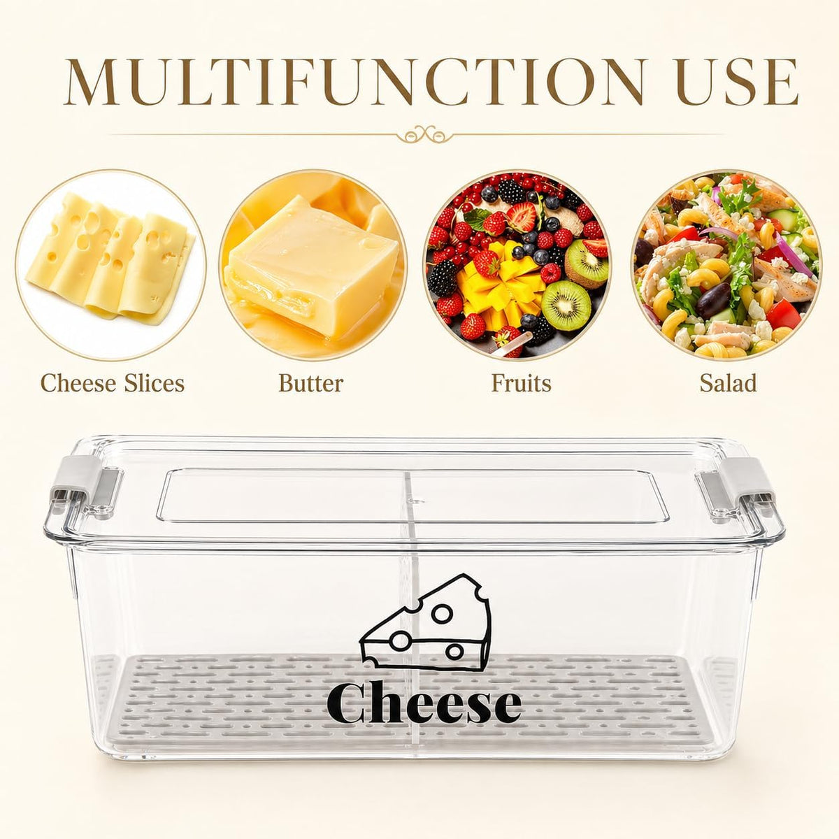 Cheese Container Airtight with Draining Basket Cream Cheese Sliced Cheeses Box with Lid Saver for Fridge Cheeses Keeper Cream Block Shredded Storage Box Saver (Clear)