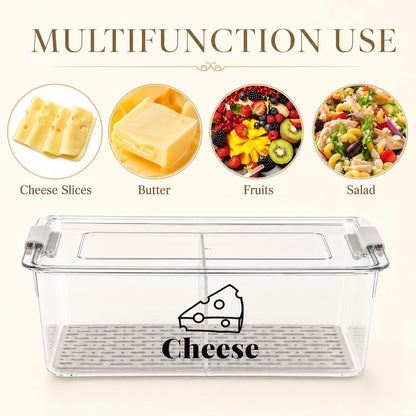 Cheese Container Airtight with Draining Basket Cream Cheese Sliced Cheeses Box with Lid Saver for Fridge Cheeses Keeper Cream Block Shredded Storage Box Saver (Clear)