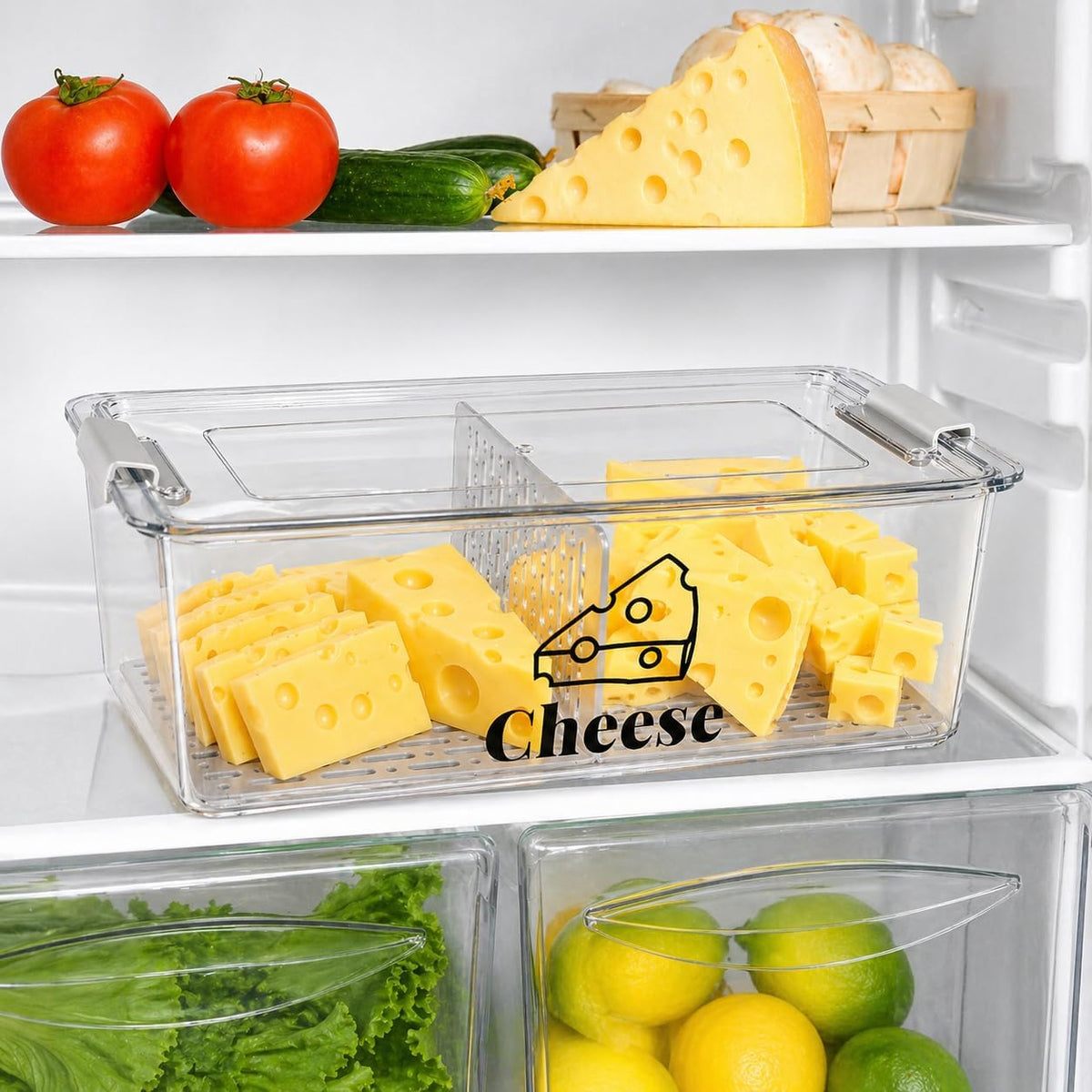 Cheese Container Airtight with Draining Basket Cream Cheese Sliced Cheeses Box with Lid Saver for Fridge Cheeses Keeper Cream Block Shredded Storage Box Saver (Clear)