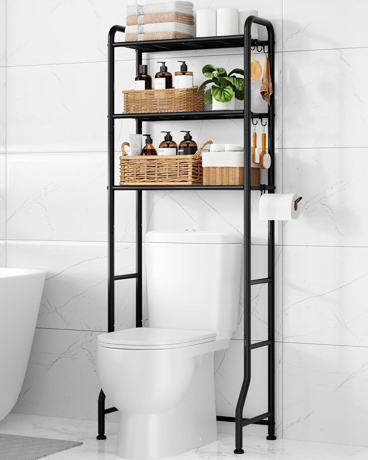 Over Toilet Storage Rack, 63.2" H Space-Saving, Holder & Hooks | Bathroom, Laundry Room, Small Spaces, Families, Durable Metal, Black, 3 Tier