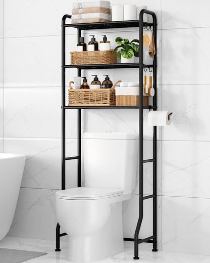 Over Toilet Storage Rack, 63.2" H Space-Saving, Holder & Hooks | Bathroom, Laundry Room, Small Spaces, Families, Durable Metal, Black, 3 Tier