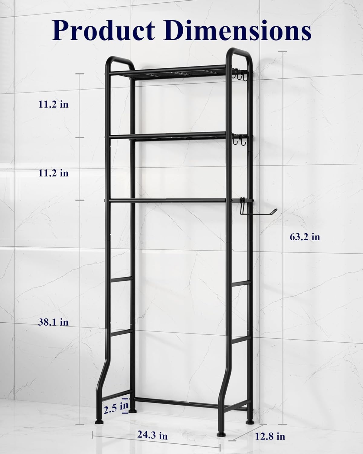 Over Toilet Storage Rack, 63.2" H Space-Saving, Holder & Hooks | Bathroom, Laundry Room, Small Spaces, Families, Durable Metal, Black, 3 Tier