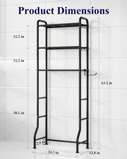 Over Toilet Storage Rack, 63.2" H Space-Saving, Holder & Hooks | Bathroom, Laundry Room, Small Spaces, Families, Durable Metal, Black, 3 Tier