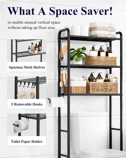 Over Toilet Storage Rack, 63.2" H Space-Saving, Holder & Hooks | Bathroom, Laundry Room, Small Spaces, Families, Durable Metal, Black, 3 Tier