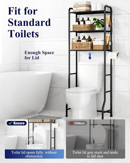 Over Toilet Storage Rack, 63.2" H Space-Saving, Holder & Hooks | Bathroom, Laundry Room, Small Spaces, Families, Durable Metal, Black, 3 Tier