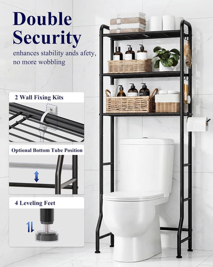 Over Toilet Storage Rack, 63.2" H Space-Saving, Holder & Hooks | Bathroom, Laundry Room, Small Spaces, Families, Durable Metal, Black, 3 Tier