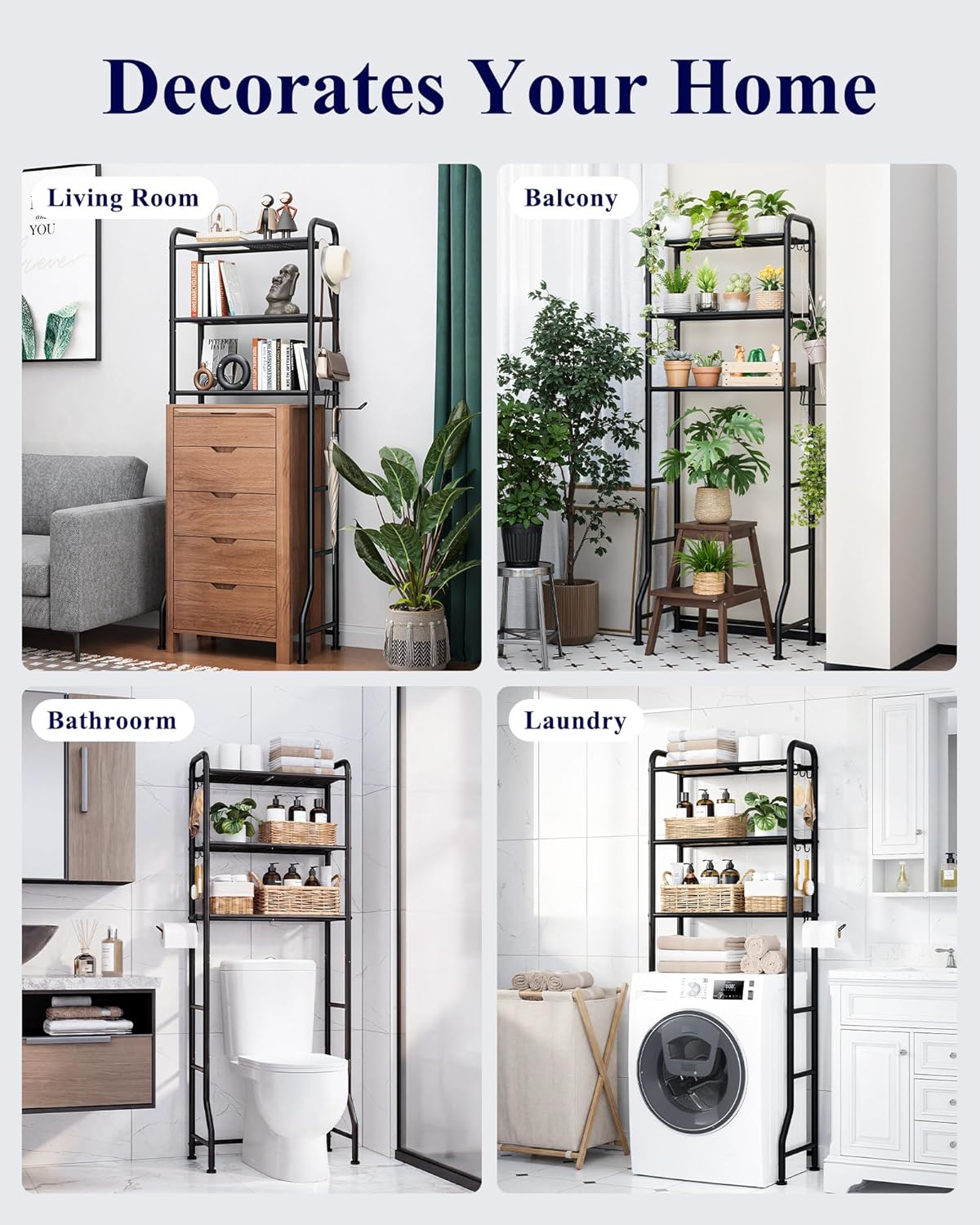 Over Toilet Storage Rack, 63.2" H Space-Saving, Holder & Hooks | Bathroom, Laundry Room, Small Spaces, Families, Durable Metal, Black, 3 Tier