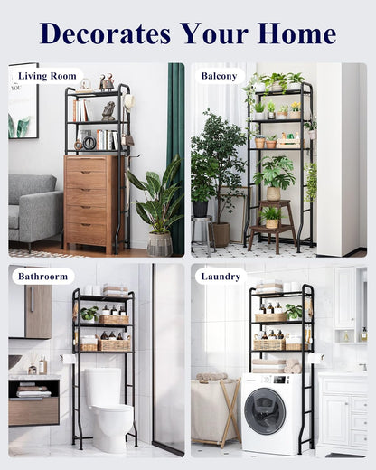 Over Toilet Storage Rack, 63.2" H Space-Saving, Holder & Hooks | Bathroom, Laundry Room, Small Spaces, Families, Durable Metal, Black, 3 Tier