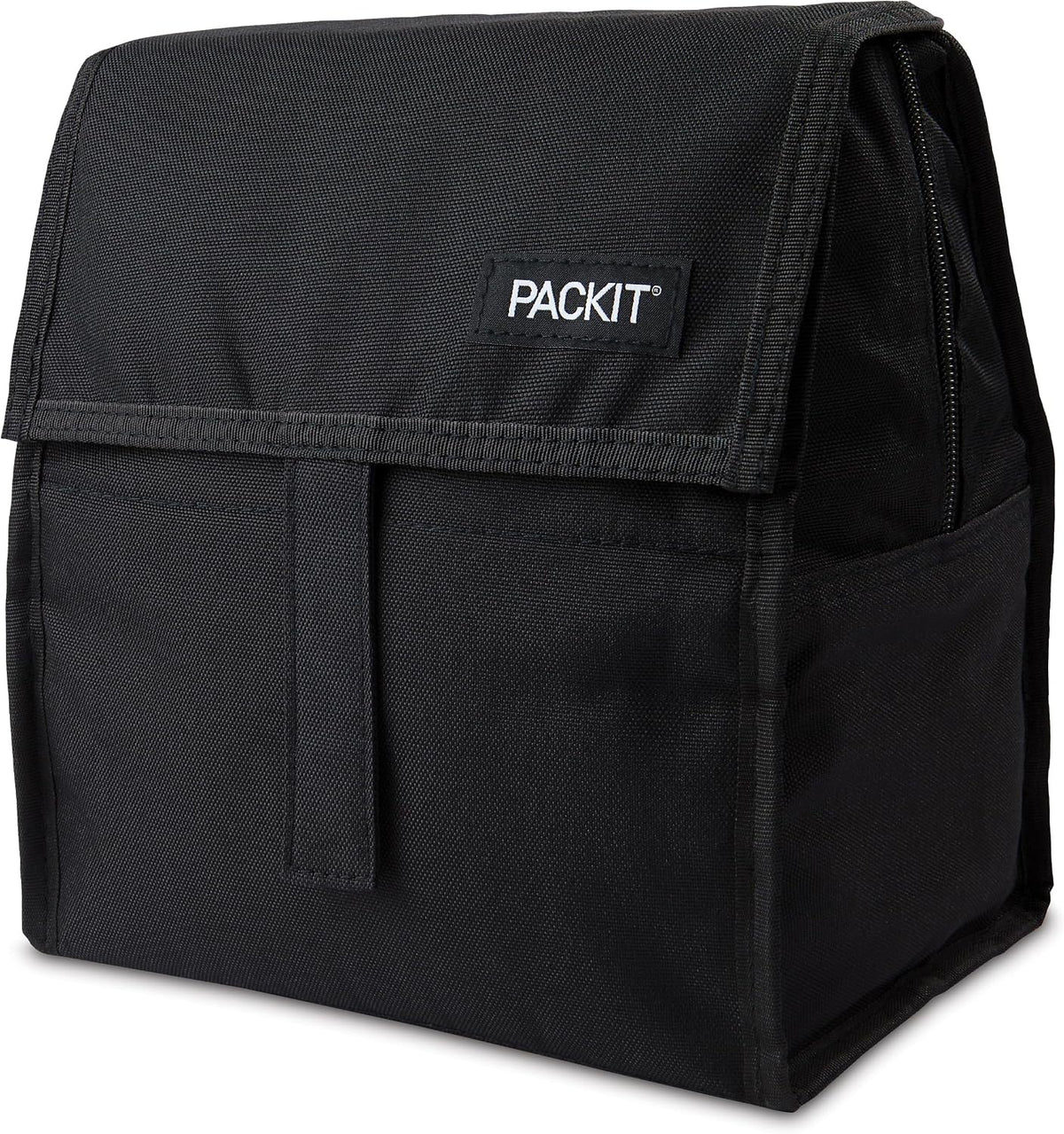 Freezable Lunch Bag, Black, Built with EcoFreeze Technology, Foldable, Reusable, Zip and Fold Closure with Buckle Handle, Perfect for School and Office Lunches
