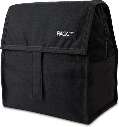 Freezable Lunch Bag, Black, Built with EcoFreeze Technology, Foldable, Reusable, Zip and Fold Closure with Buckle Handle, Perfect for School and Office Lunches