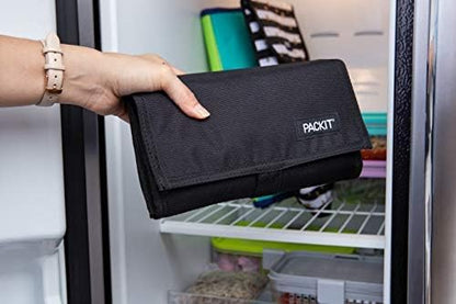 Freezable Lunch Bag, Black, Built with EcoFreeze Technology, Foldable, Reusable, Zip and Fold Closure with Buckle Handle, Perfect for School and Office Lunches