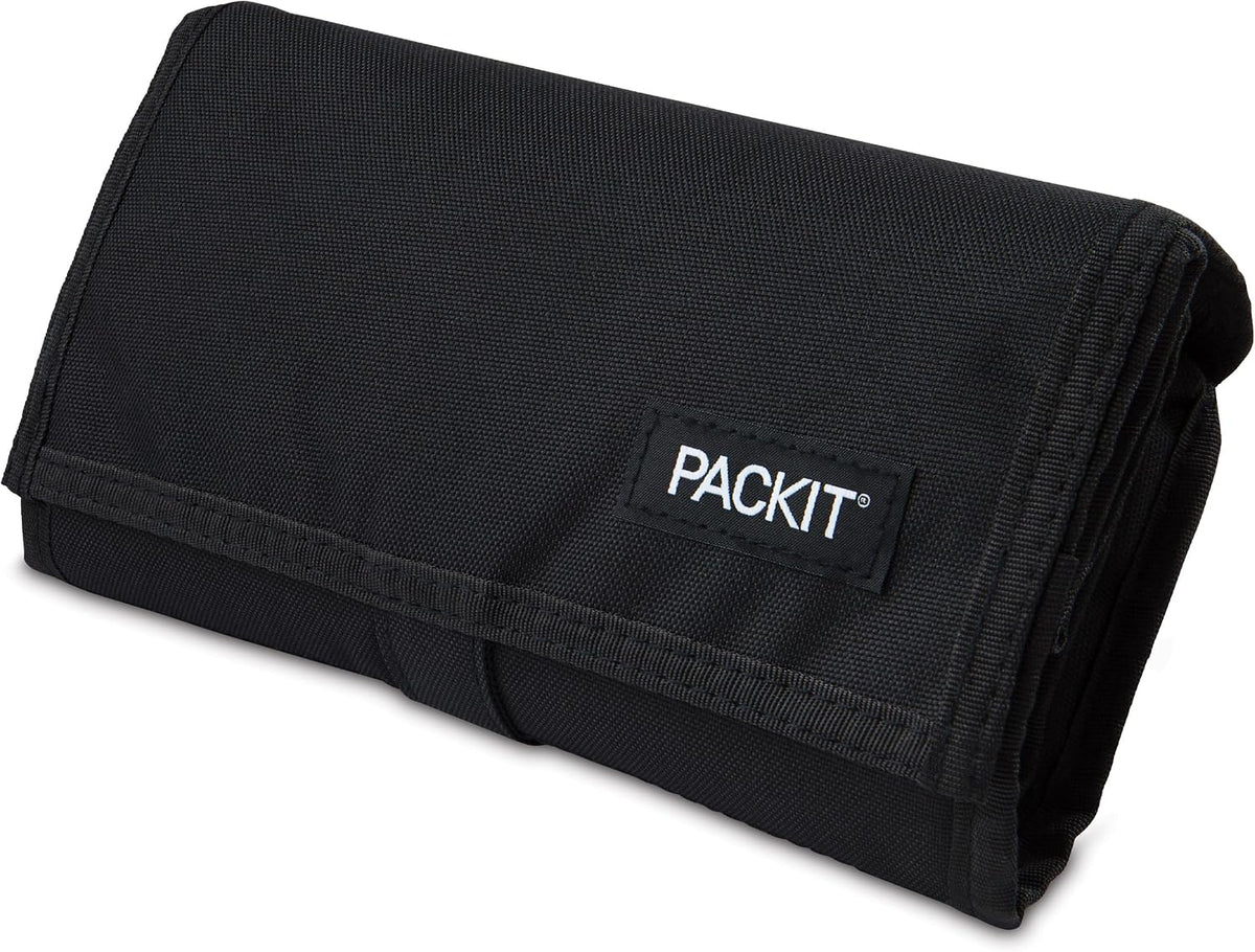 Freezable Lunch Bag, Black, Built with EcoFreeze Technology, Foldable, Reusable, Zip and Fold Closure with Buckle Handle, Perfect for School and Office Lunches