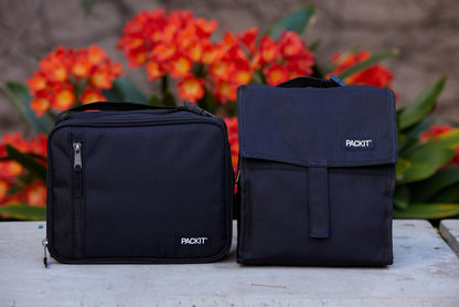 Freezable Lunch Bag, Black, Built with EcoFreeze Technology, Foldable, Reusable, Zip and Fold Closure with Buckle Handle, Perfect for School and Office Lunches