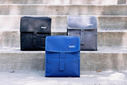 Freezable Lunch Bag, Black, Built with EcoFreeze Technology, Foldable, Reusable, Zip and Fold Closure with Buckle Handle, Perfect for School and Office Lunches