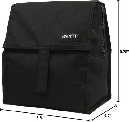 Freezable Lunch Bag, Black, Built with EcoFreeze Technology, Foldable, Reusable, Zip and Fold Closure with Buckle Handle, Perfect for School and Office Lunches