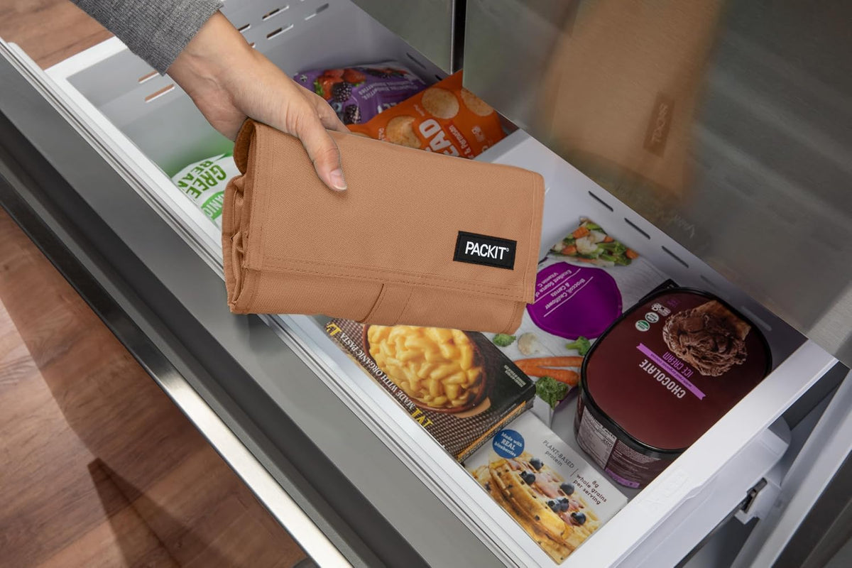 Freezable Lunch Bag, Black, Built with EcoFreeze Technology, Foldable, Reusable, Zip and Fold Closure with Buckle Handle, Perfect for School and Office Lunches