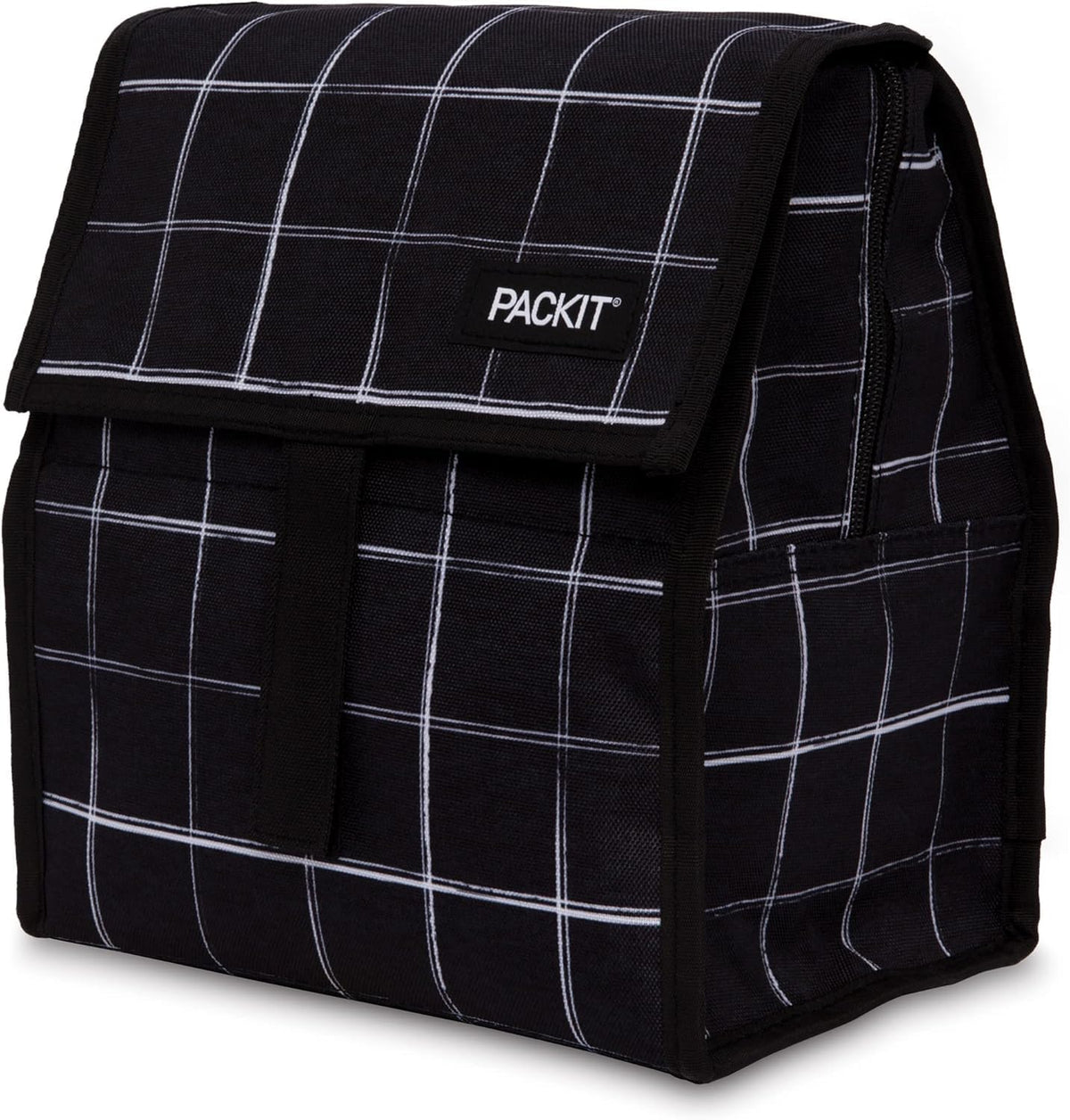 Freezable Lunch Bag, Black, Built with EcoFreeze Technology, Foldable, Reusable, Zip and Fold Closure with Buckle Handle, Perfect for School and Office Lunches