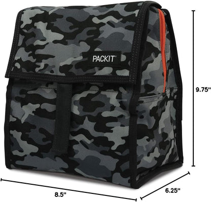 Freezable Lunch Bag, Black, Built with EcoFreeze Technology, Foldable, Reusable, Zip and Fold Closure with Buckle Handle, Perfect for School and Office Lunches