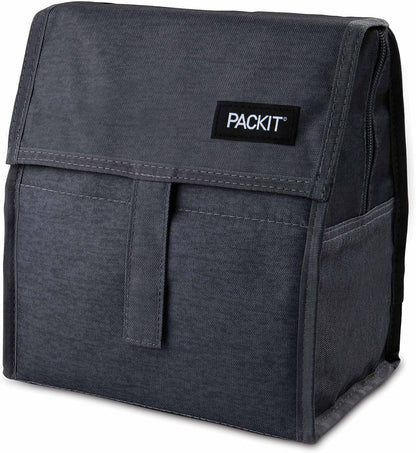 Freezable Lunch Bag, Black, Built with EcoFreeze Technology, Foldable, Reusable, Zip and Fold Closure with Buckle Handle, Perfect for School and Office Lunches
