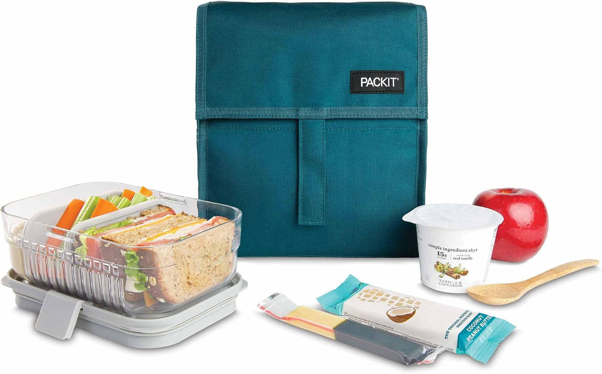 Freezable Lunch Bag, Black, Built with EcoFreeze Technology, Foldable, Reusable, Zip and Fold Closure with Buckle Handle, Perfect for School and Office Lunches