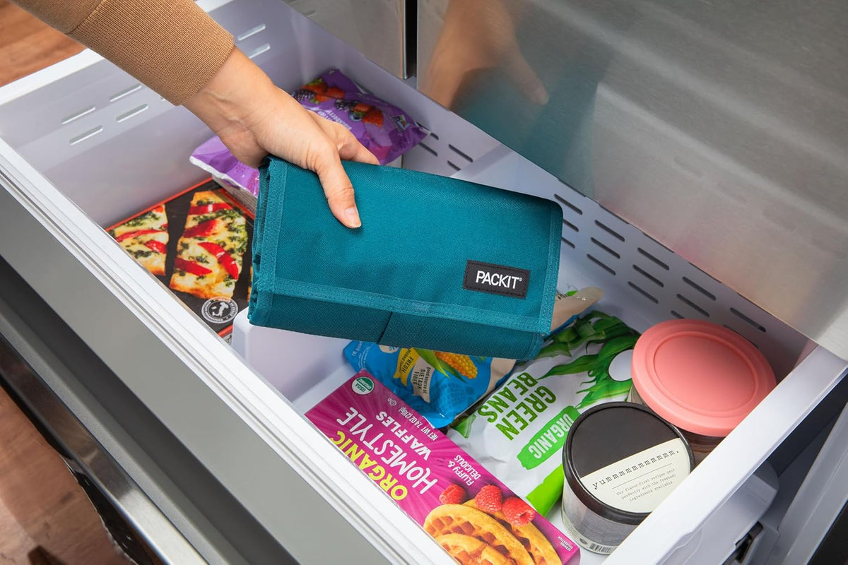 Freezable Lunch Bag, Black, Built with EcoFreeze Technology, Foldable, Reusable, Zip and Fold Closure with Buckle Handle, Perfect for School and Office Lunches