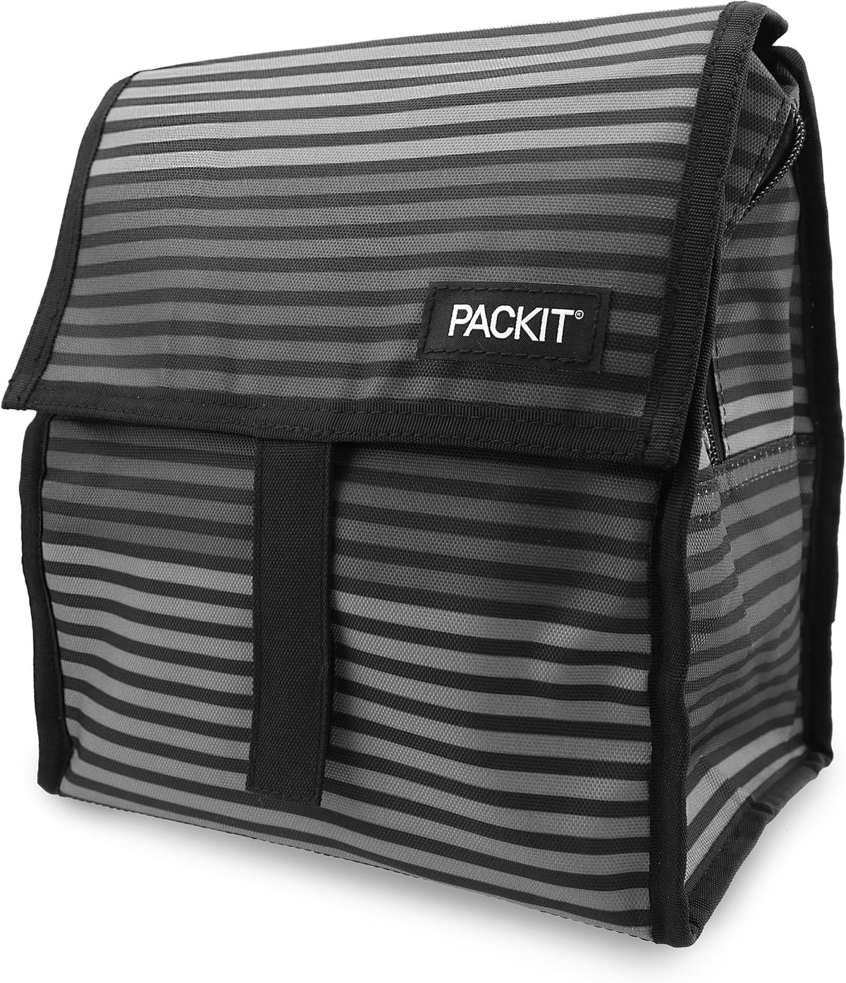 Freezable Lunch Bag, Black, Built with EcoFreeze Technology, Foldable, Reusable, Zip and Fold Closure with Buckle Handle, Perfect for School and Office Lunches