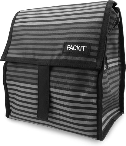 Freezable Lunch Bag, Black, Built with EcoFreeze Technology, Foldable, Reusable, Zip and Fold Closure with Buckle Handle, Perfect for School and Office Lunches