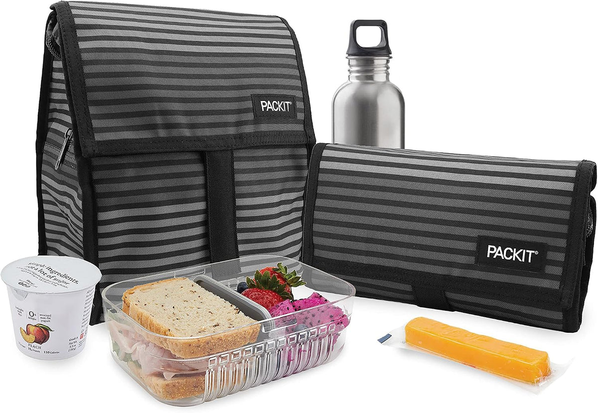 Freezable Lunch Bag, Black, Built with EcoFreeze Technology, Foldable, Reusable, Zip and Fold Closure with Buckle Handle, Perfect for School and Office Lunches