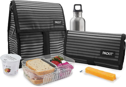 Freezable Lunch Bag, Black, Built with EcoFreeze Technology, Foldable, Reusable, Zip and Fold Closure with Buckle Handle, Perfect for School and Office Lunches