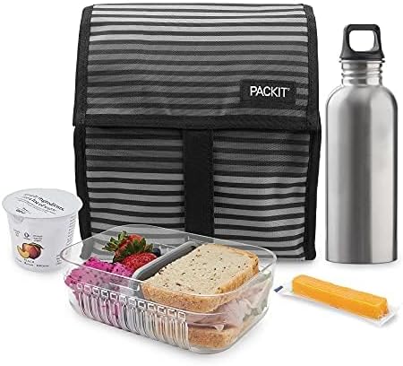 Freezable Lunch Bag, Black, Built with EcoFreeze Technology, Foldable, Reusable, Zip and Fold Closure with Buckle Handle, Perfect for School and Office Lunches