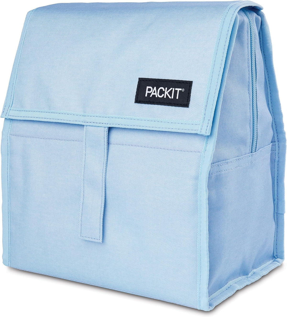 Freezable Lunch Bag, Black, Built with EcoFreeze Technology, Foldable, Reusable, Zip and Fold Closure with Buckle Handle, Perfect for School and Office Lunches