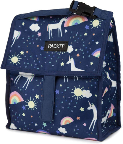 Freezable Lunch Bag, Black, Built with EcoFreeze Technology, Foldable, Reusable, Zip and Fold Closure with Buckle Handle, Perfect for School and Office Lunches