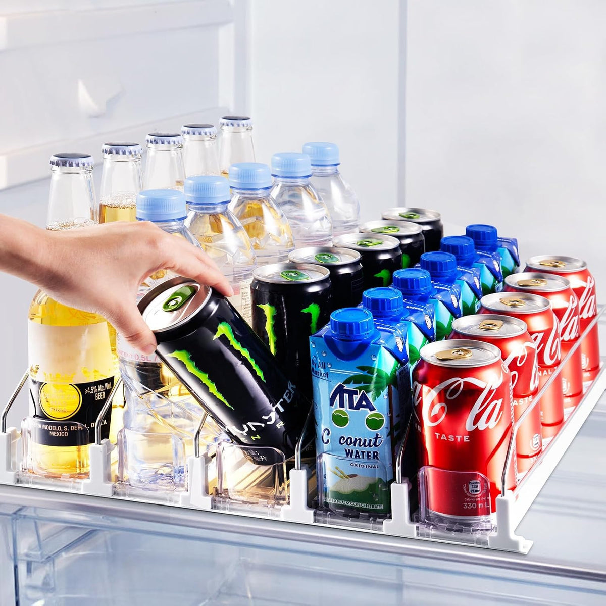 Drink Organizer for Fridge, Soda Can Organizer for Refrigerator with Automatic Pusher Glide, Adjustable Width Drink Dispenser for Fridge, Holds up to 25 Cans or Bottles, 5 Row