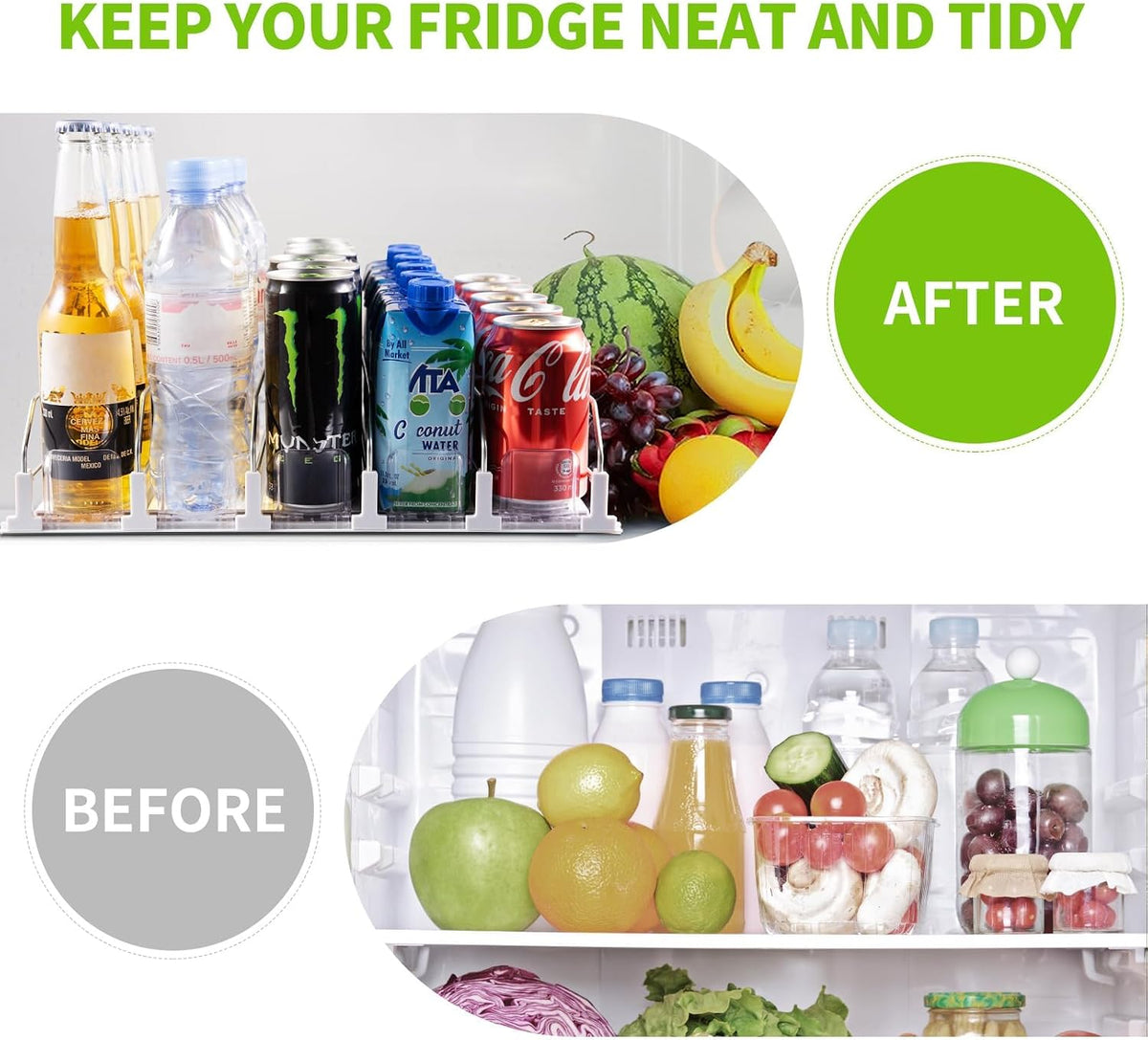 Drink Organizer for Fridge, Soda Can Organizer for Refrigerator with Automatic Pusher Glide, Adjustable Width Drink Dispenser for Fridge, Holds up to 25 Cans or Bottles, 5 Row