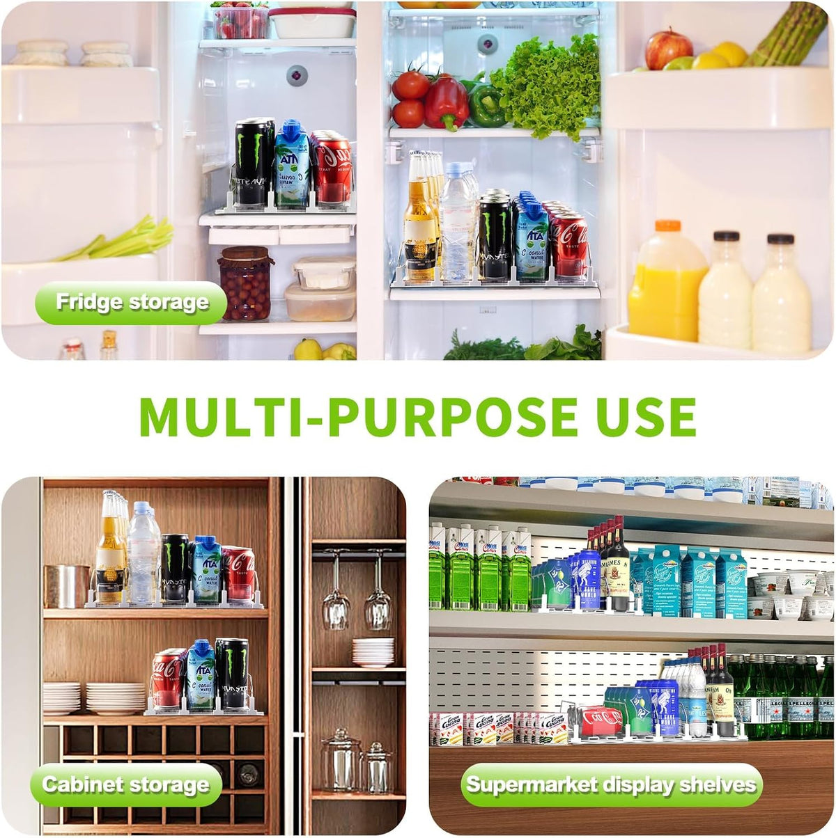 Drink Organizer for Fridge, Soda Can Organizer for Refrigerator with Automatic Pusher Glide, Adjustable Width Drink Dispenser for Fridge, Holds up to 25 Cans or Bottles, 5 Row