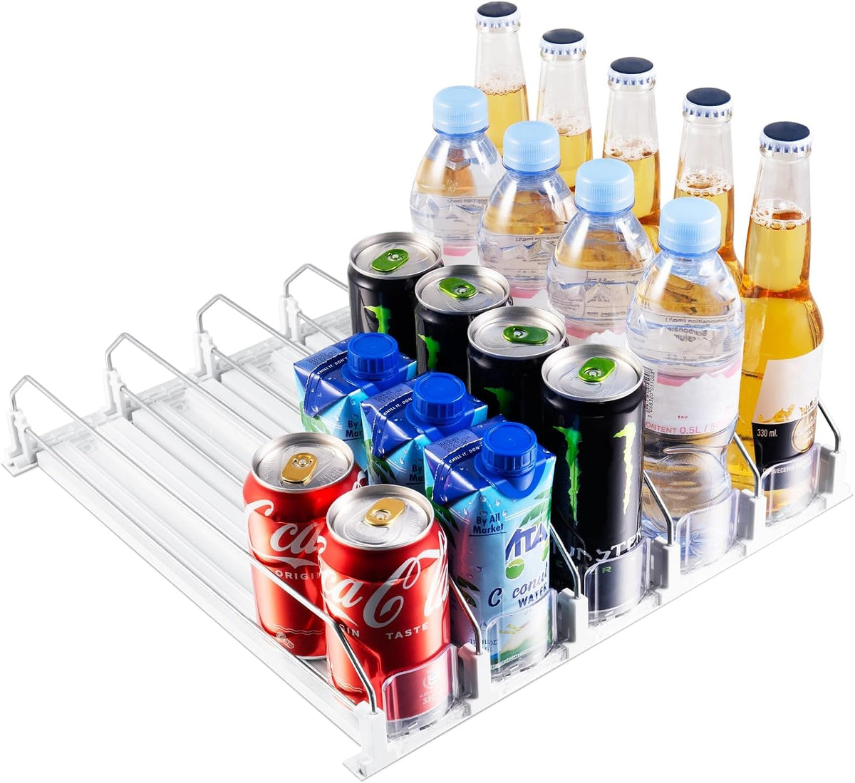 Drink Organizer for Fridge, Soda Can Organizer for Refrigerator with Automatic Pusher Glide, Adjustable Width Drink Dispenser for Fridge, Holds up to 25 Cans or Bottles, 5 Row