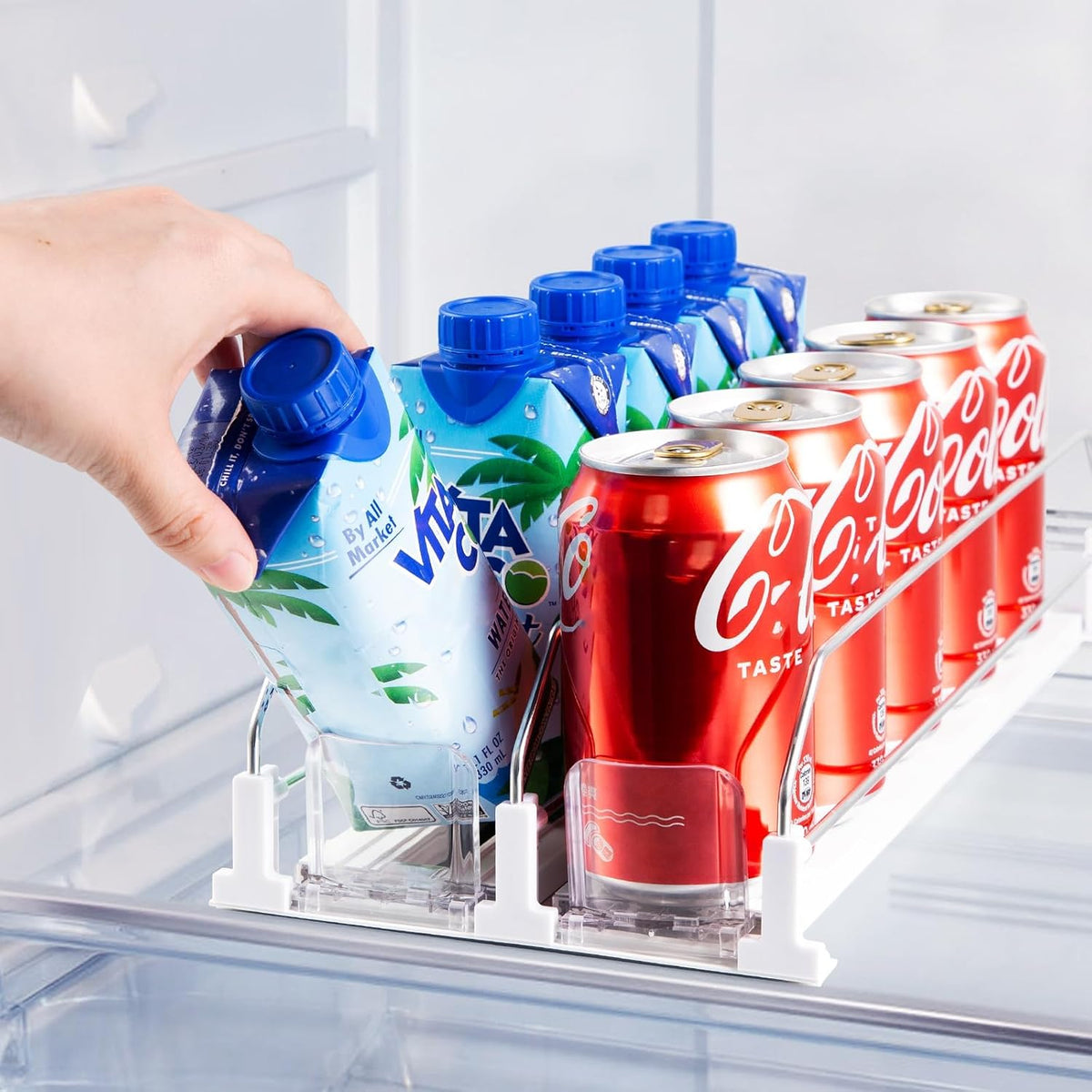 Drink Organizer for Fridge, Soda Can Organizer for Refrigerator with Automatic Pusher Glide, Adjustable Width Drink Dispenser for Fridge, Holds up to 25 Cans or Bottles, 5 Row