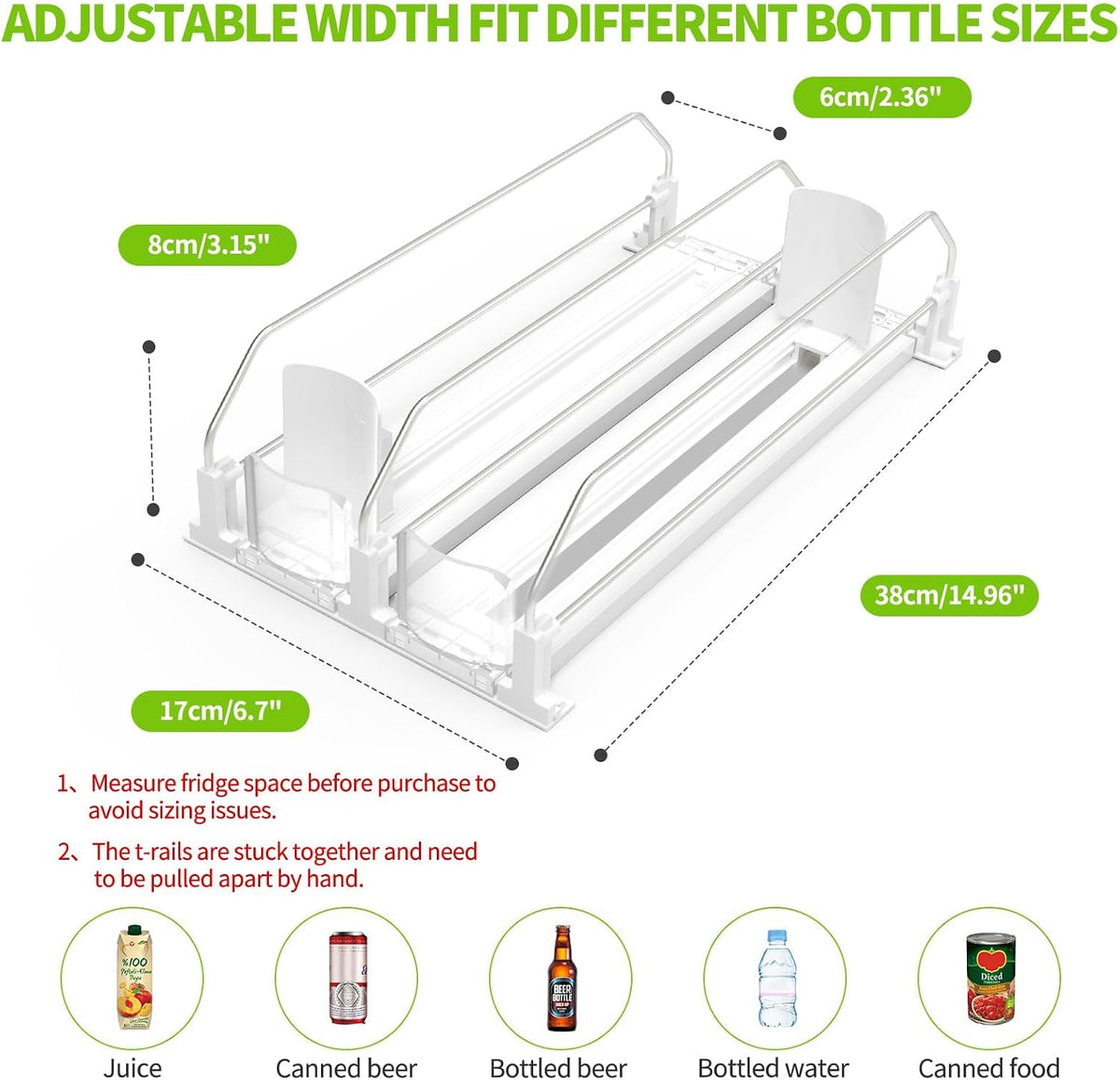 Drink Organizer for Fridge, Soda Can Organizer for Refrigerator with Automatic Pusher Glide, Adjustable Width Drink Dispenser for Fridge, Holds up to 25 Cans or Bottles, 5 Row