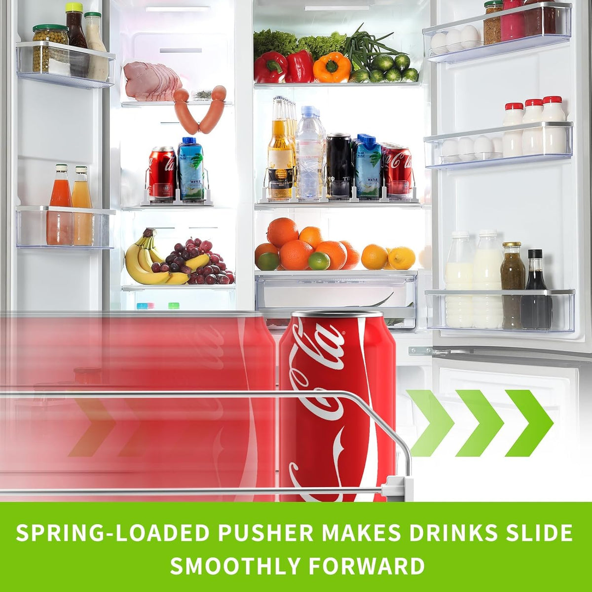 Drink Organizer for Fridge, Soda Can Organizer for Refrigerator with Automatic Pusher Glide, Adjustable Width Drink Dispenser for Fridge, Holds up to 25 Cans or Bottles, 5 Row