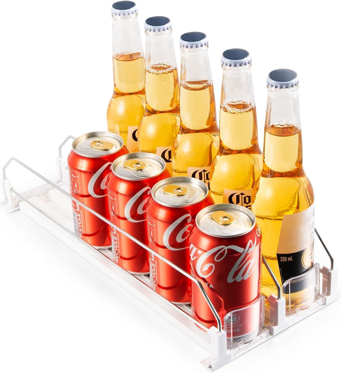 Drink Organizer for Fridge, Soda Can Organizer for Refrigerator with Automatic Pusher Glide, Adjustable Width Drink Dispenser for Fridge, Holds up to 25 Cans or Bottles, 5 Row