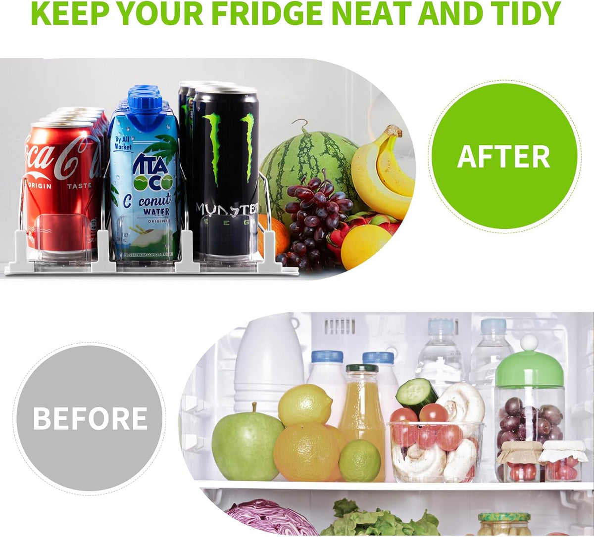 Drink Organizer for Fridge, Soda Can Organizer for Refrigerator with Automatic Pusher Glide, Adjustable Width Drink Dispenser for Fridge, Holds up to 25 Cans or Bottles, 5 Row