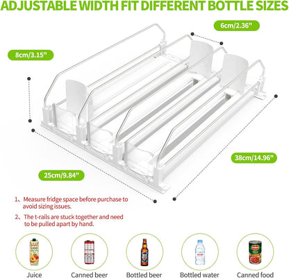 Drink Organizer for Fridge, Soda Can Organizer for Refrigerator with Automatic Pusher Glide, Adjustable Width Drink Dispenser for Fridge, Holds up to 25 Cans or Bottles, 5 Row