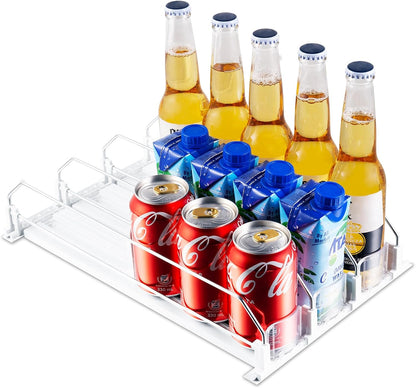 Drink Organizer for Fridge, Soda Can Organizer for Refrigerator with Automatic Pusher Glide, Adjustable Width Drink Dispenser for Fridge, Holds up to 25 Cans or Bottles, 5 Row