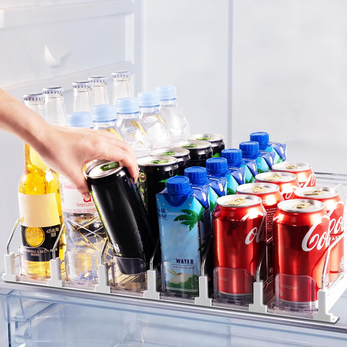 Drink Organizer for Fridge, Soda Can Organizer for Refrigerator with Automatic Pusher Glide, Adjustable Width Drink Dispenser for Fridge, Holds up to 25 Cans or Bottles, 5 Row