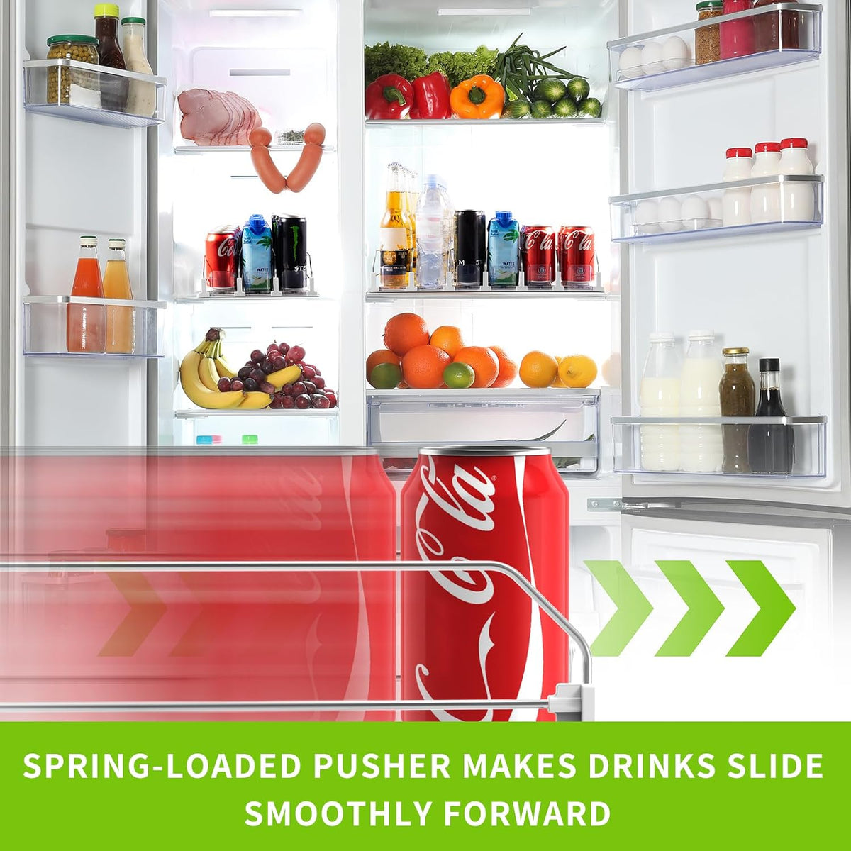 Drink Organizer for Fridge, Soda Can Organizer for Refrigerator with Automatic Pusher Glide, Adjustable Width Drink Dispenser for Fridge, Holds up to 25 Cans or Bottles, 5 Row
