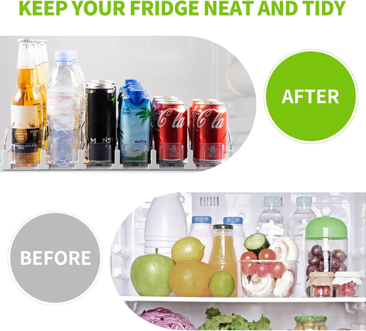Drink Organizer for Fridge, Soda Can Organizer for Refrigerator with Automatic Pusher Glide, Adjustable Width Drink Dispenser for Fridge, Holds up to 25 Cans or Bottles, 5 Row